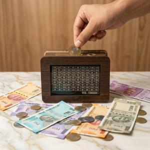 10,000 Rupees Money Saving Piggy Bank | Wooden Piggy Bank with Easy Tracking of Savings