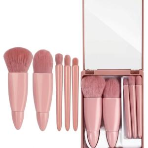 Mini Makeup Brushes Set with Mirror 5 Pcs Brushes Kit Case (Multicolour).