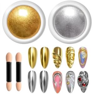 Gold Silver Chrome Nail Powder with Sponge Applicators (2 PICS)