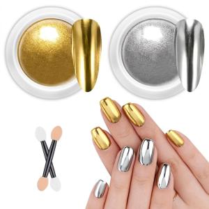 Powder, 2 Jars Nail Art Mirror Glitter Effect Chrome Pigment Powder Dust Gold Silver Chrome Nail Powder with Sponge Applicators