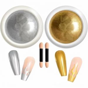 Powder, 2 Jars Nail Art Mirror Glitter Effect Chrome Pigment Powder with Sponge Applicators