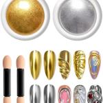 Powder, 2 Jars Nail Art Mirror Glitter Effect Chrome Pigment Powder with Sponge Applicators