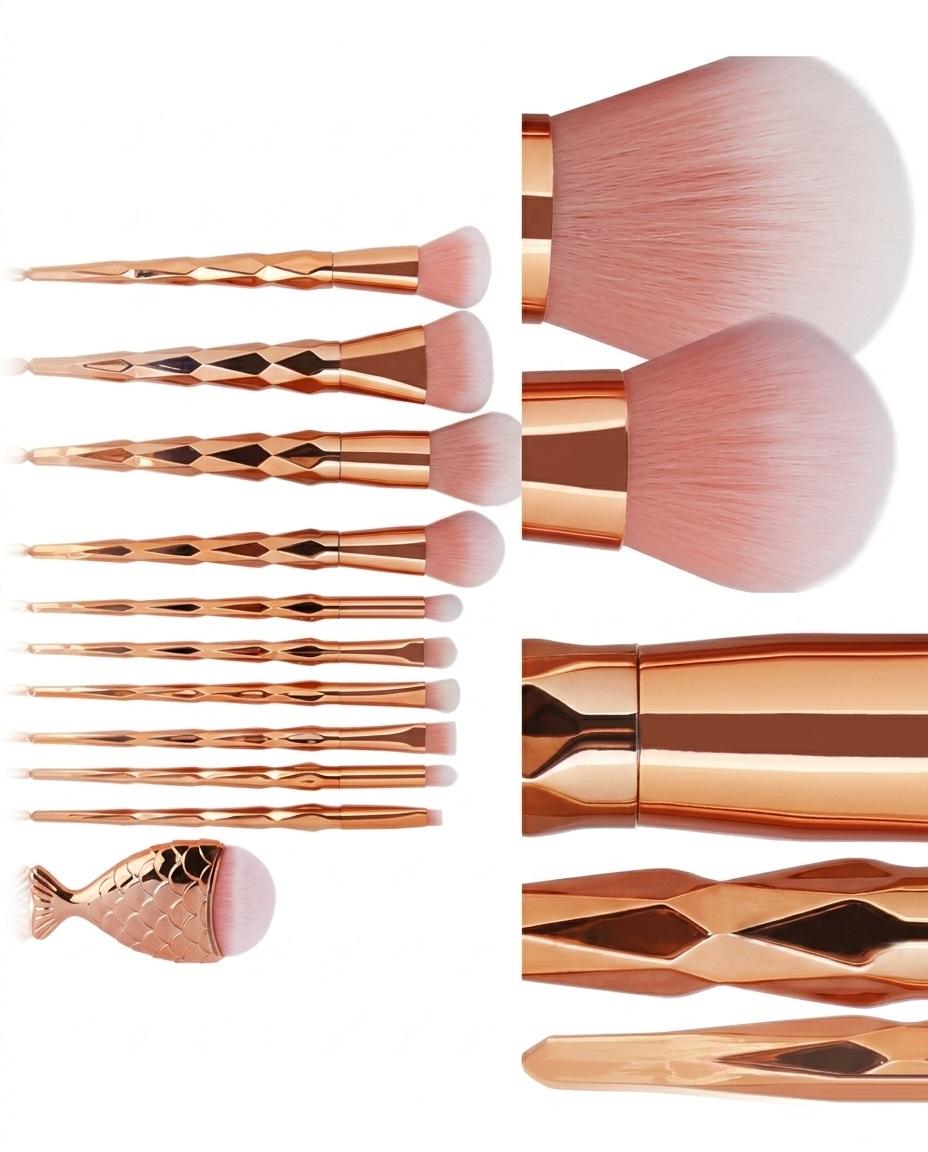 Diamond cut Handle Makeup Brush Set With Big Fish Tail For Foundation /Eyeshadow /Lips-11 Pieces