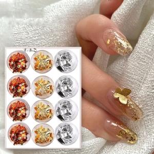Professional 12 Box Gold Silver Copper Foil Tinfoil Paillette Chip Foil Nail Glitter(Pack of 1).
