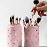 Premium Leather Rivets Studded Portable Cosmetic Brush Travel Case Makeup Brush Holder Cup