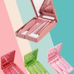 Mini Makeup Brushes Set with Mirror 5 Pcs Brushes Kit Case (Multicolour).