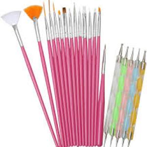 15 pcs Nail Art Brushes Kit (Pink) with 5 pcs Nail Dotting Pens, Multicolor.