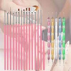 15 pcs Nail Art Brushes Kit (Pink) with 5 pcs Nail Dotting Pens, Multicolor.