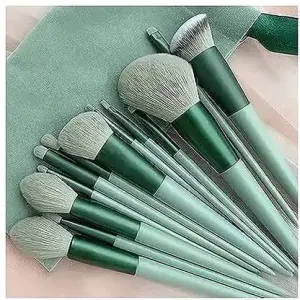 Makeup cosmetic makeup brush set pack of 13 with travel bag (green)