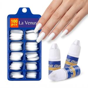 Premium White Fake Nails Set of 100 with 2 Nail Glue.