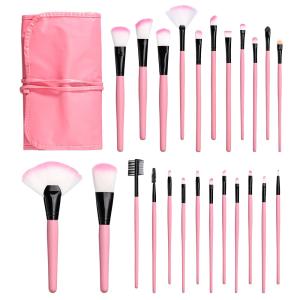 24Pcs Edition Makeup Brush Set , Wooden Handle with Leather Case  (Pack of 24).Pink