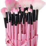 24Pcs Edition Makeup Brush Set , Wooden Handle with Leather Case  (Pack of 24).Pink