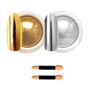 Powder, 2 Jars Nail Art Mirror Glitter Effect Chrome Pigment Powder Dust Gold Silver Chrome Nail Powder with Sponge Applicators