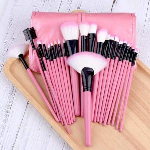 24Pcs Edition Makeup Brush Set , Wooden Handle with Leather Case  (Pack of 24).Pink