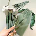 Makeup cosmetic makeup brush set pack of 13 with travel bag (green)