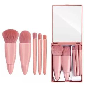 Mini Makeup Brushes Set with Mirror 5 Pcs Brushes Kit Case (Multicolour).