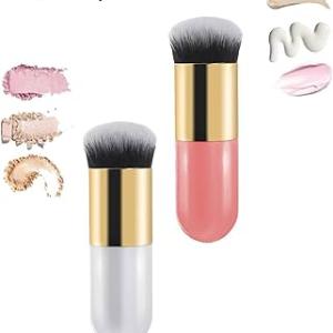 2 Pcs Golden Round Pier Foundation Brush Flat Cream Makeup Brush (1 White & Pink)