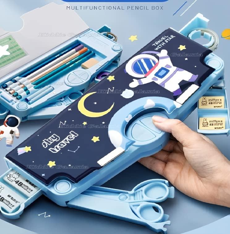 Plastic Space Theme Multiple Compartment Pencil Box Geometry Box (Blue) 1 Piece